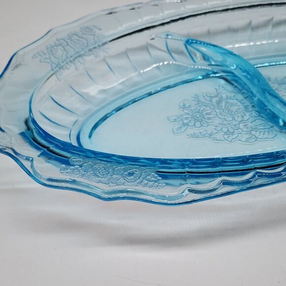 Vintage Anchor Hocking Blue Mayfair Open Rose Divided Relish Dish Oval - Picture 5 of 10